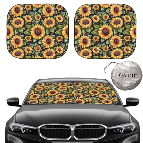 Windshield Sun Shade 2pcs with Bonus Car Sunshade for Front Window Shades 2025 Technology Reflect UV and Heat Sun Visor Automotive Interior Sun Protection (Sunflower / Medium)