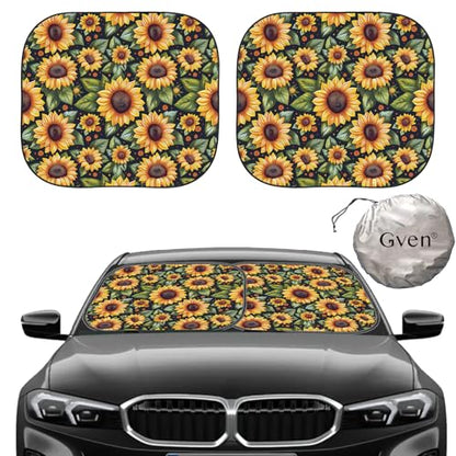 Windshield Sun Shade 2pcs with Bonus Car Sunshade for Front Window Shades 2025 Technology Reflect UV and Heat Sun Visor Automotive Interior Sun Protection (Sunflower / Medium)