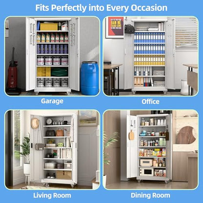 71" White Metal Storage Cabinet with Wheels (White / 16"D x 32"W x 71"H)