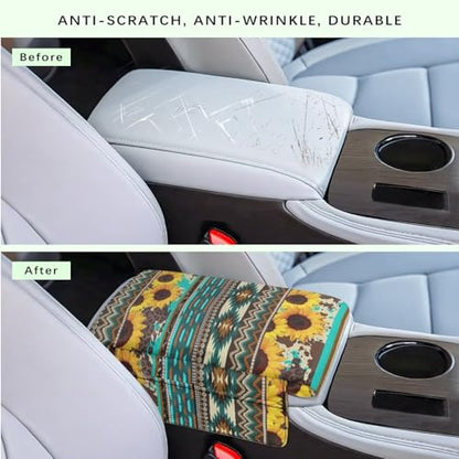 Aztec Sunflower Blue Auto Center Console Cover Soft Armrest Box Pad Protector Middle Console Cover with Pockets Storage Bag Hand Rest Pillow Car Interior Decor Accessories (Aztec Sunflower Blue)