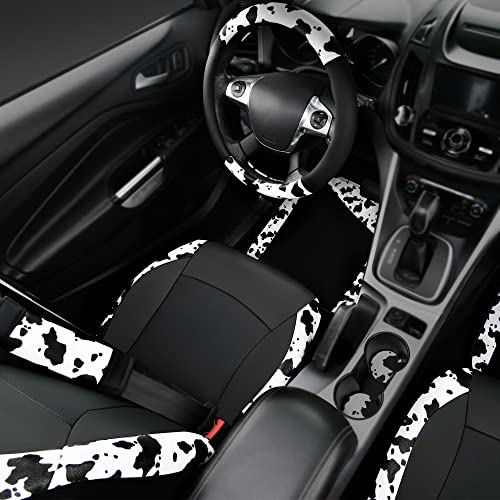CAR PASS Cow Print Car Accessories Sets Faux Leather Car Seat Covers & Cow Car Mats & Cow Steering Wheel Cover Seat Belt Pads Universal fit for SUV (Cow Print Combo)