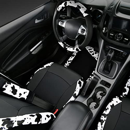 CAR PASS Cow Print Car Accessories Sets Faux Leather Car Seat Covers & Cow Car Mats & Cow Steering Wheel Cover Seat Belt Pads Universal fit for SUV (Cow Print Combo)