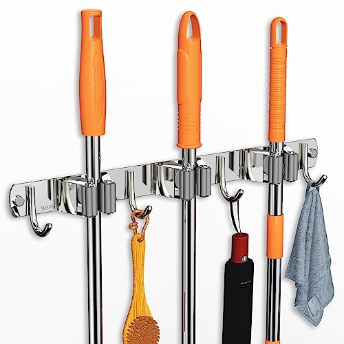 Mop and Broom Holder Wall Mount for Kitchen Garden Laundry Garage (Silver / 3 Racks with 4 Hooks)