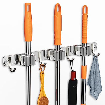 Mop and Broom Holder Wall Mount for Kitchen Garden Laundry Garage (Silver / 3 Racks with 4 Hooks)