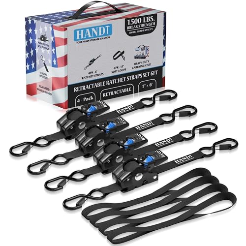 USA Based Retractable Ratchet Straps (1in x 6ft - 4 Pack / Black)