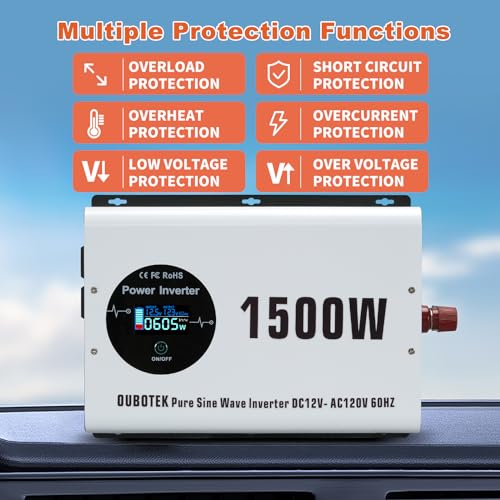 1500W Pure Sine Wave Power Inverter 12V to 120V AC (1500W-Wireless / 12V)