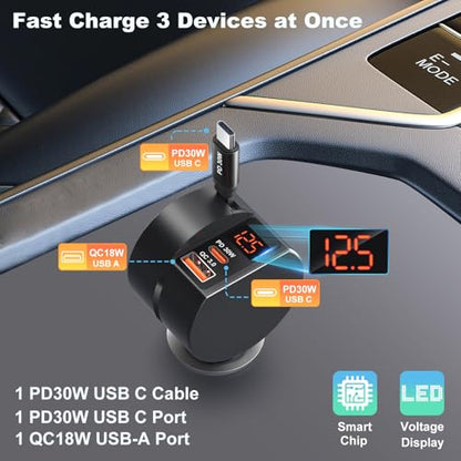 78W 3 Port Car Charger with Retractable USB (Black - 2Pack)