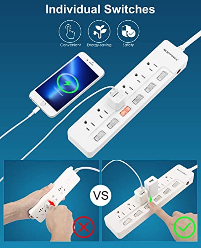 10FT Heavy Duty Extension Cord with Individual Switches on Off (10 FT - 6 AC - White)