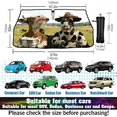 Funny Cow Driving Car Sunshade Umbrella Fun Cow Drink Milk Windshield Sun Shade for Car Retractable Umbrella Sunshades for Front Window Sun Shades Cover Visor Portector Block UV Rays (One Size / Style21)