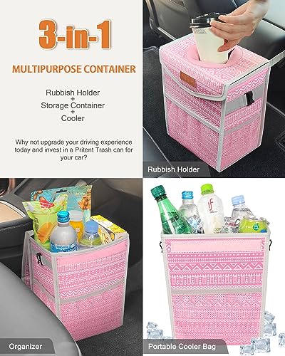 Car Trash Can with Lid Leakproof Car Garbage Bag Vehicle Trash Bin (2 Gallons / Pink Print)