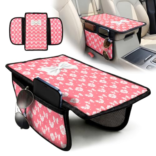 Pink Bow Car Center Console Armrest Cover with 2 Side Pockets (Bows-Whitek&Pink)