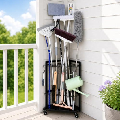 Garden Tool Organizer for Garage Corner (Triangel-Wheels-Black)