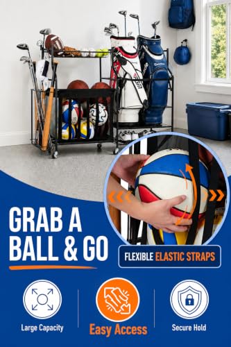 Rolling Ball Storage Rack and Sports Equipment Organizer (Black, 56.2"Lx15.4"Wx37.2"H)