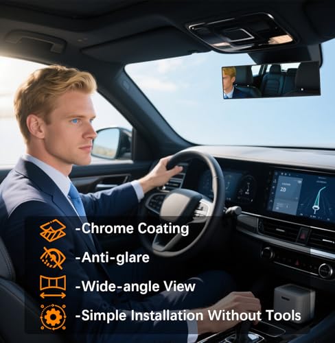 Clip on Panoramic Wide Angle Large Car Rear View Mirror 10 Inch (10 Inch & Chrome)