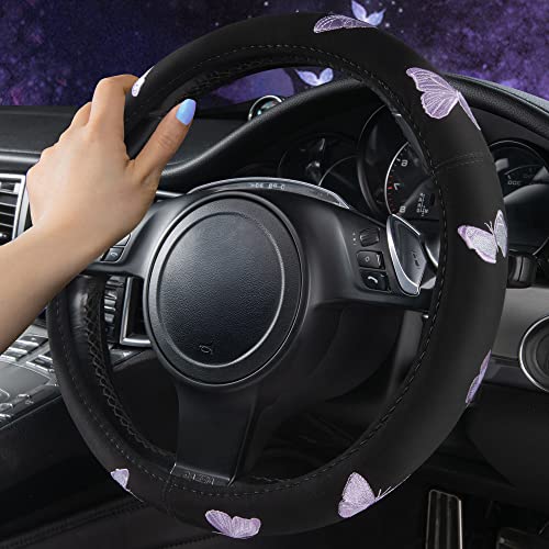 Purple Embroidery Butterfly Steering Wheel Cover (Black and Purple)