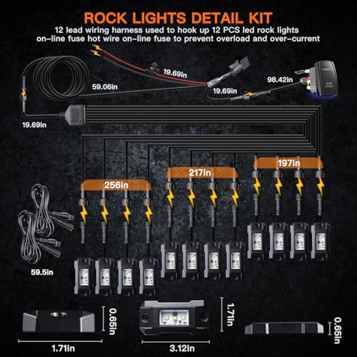 Rock Lights LEDMIRCY R4 Pure White Rock Lights with Wire Harness for Trucks (White / 12Pods Rocker)