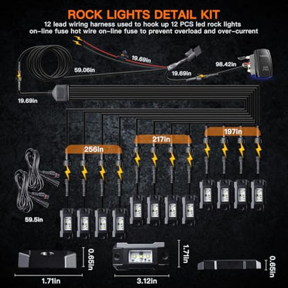 Rock Lights LEDMIRCY R4 Pure White Rock Lights with Wire Harness for Trucks (White / 12Pods Rocker)