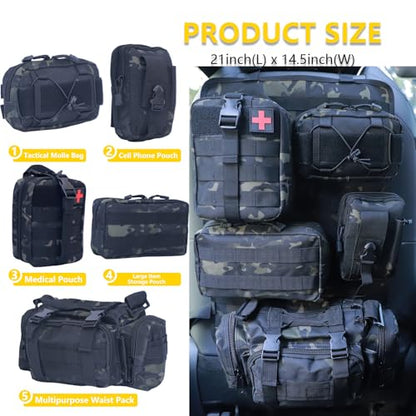 Universal Tactical Seat Back Organizer Vehicle Molle Panel Organizer Storage Bag with 5 Detachable Molle Pouch for All Vehicel Such as Jeep (B model-Black Camo)