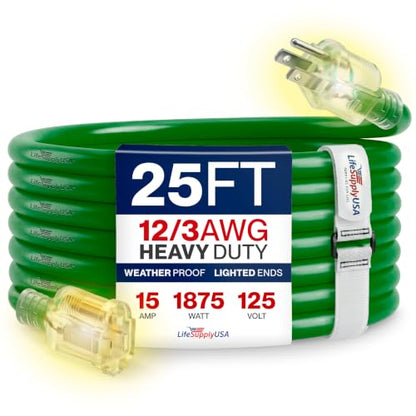 25ft Outdoor Indoor Extension Cord 12 (25 FT / 12AWG / Green)