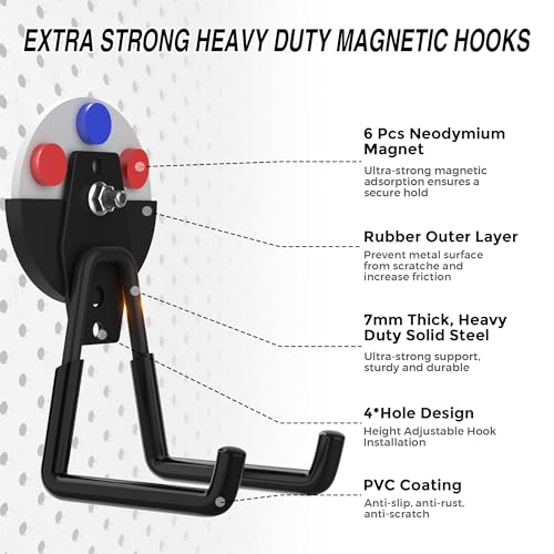 4Pcs Heavy Duty Storage Magnetic Utility Hooks Large Garage Strong Extra Magnet Hooks Hanger with Anti (2.6in Magnet-4 Pack-Black)