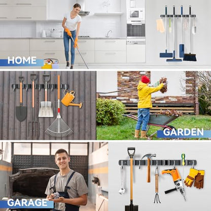 2 Pack Mop Broom Holder Wall Mount 4 Racks 5 Hooks Storage Black (2Pack 4R5H / Black)