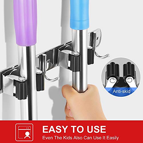 Broom Holder Wall Mount Stainless Steel Mop Organizer (Stainless Steel - 3 Racks with 4 Hooks / 1 Pack)
