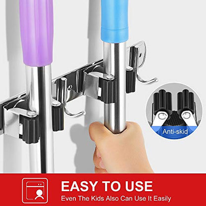 Broom Holder Wall Mount Stainless Steel Mop Organizer (Stainless Steel - 3 Racks with 4 Hooks / 1 Pack)