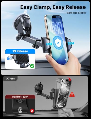 Military Grade Phone Holders for Your Car 【89+ LBS Strongest Suction & Metal Clip】 2026 Ultimate Car Phone Holder (Black)