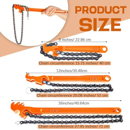 3 Pcs Large Reversible Chain Oil Filter Wrench with 12 16 9 Inch Chain Wrench Adjustable Heavy Duty Carbon Steel Sturdy Pipe Fitting Tool Spanner for Ratcheting Universal (Orange)