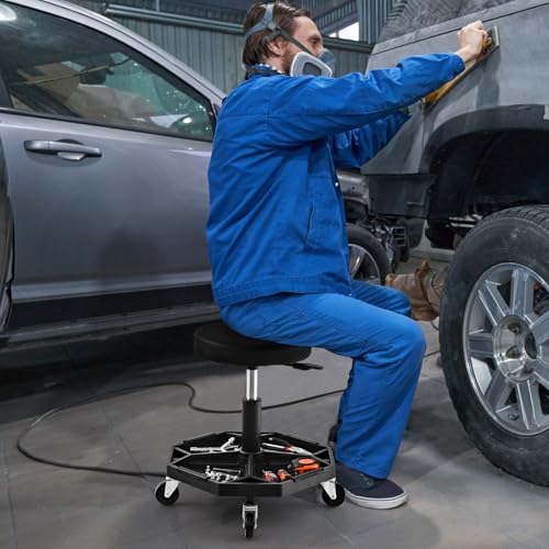 Rolling Mechanic Stool with Removable Tool Tray & Padded Cushion (Bottom Tool Tray / Black)