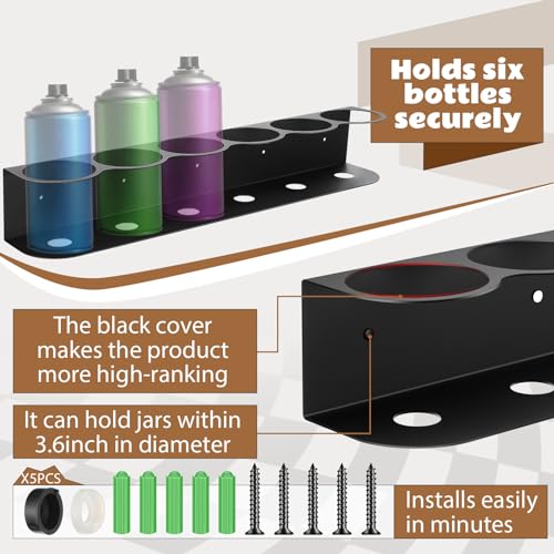 2 Pcs 6 Holes All Purpose Steel Spray Bottle Holder Heavy Duty Can Holder Rack Organizer Easy Install Wall Mount Paint Spray Bottle Organizer Storage Rack for Garage Home Workspace (Black / 6 Holes)
