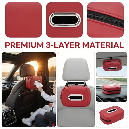 Car Tissue Holder with 2 Storage Nets (Wine Red)