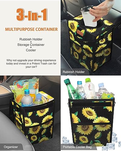 Car Trash Can with Lid Leakproof Car Garbage Bag Vehicle Trash Bin (2 Gallons / Sunflower)