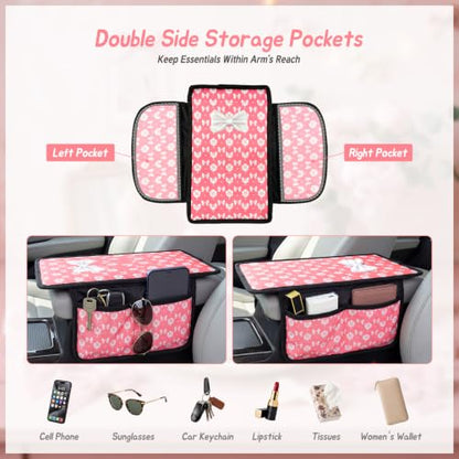 Pink Bow Car Center Console Armrest Cover with 2 Side Pockets (Bows-Whitek&Pink)