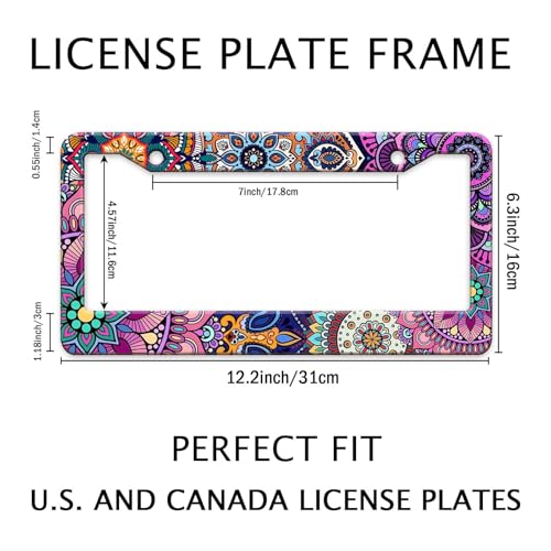 Mandala License Plate Frame Cute Floral Purple License Plate Holder Boho Flower Car Tag Holder Frame Metal Aluminum Rustproof Car Accessories for Women with 2 Holes and Screws 12.2 x 6.3 Inches (Mandala Pattern)