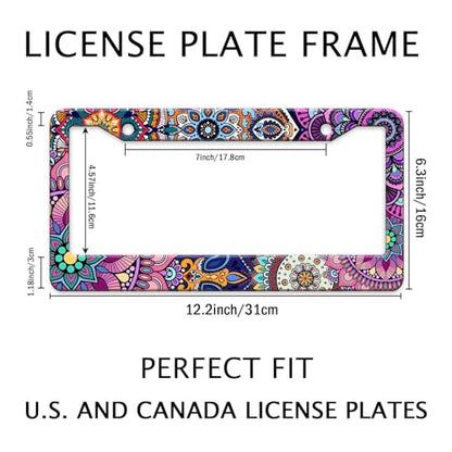 Mandala License Plate Frame Cute Floral Purple License Plate Holder Boho Flower Car Tag Holder Frame Metal Aluminum Rustproof Car Accessories for Women with 2 Holes and Screws 12.2 x 6.3 Inches (Mandala Pattern)