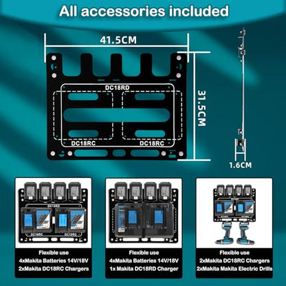 Wall Mount for Makita Battery Holder and DC18RC DC18RD Chargers (Black)