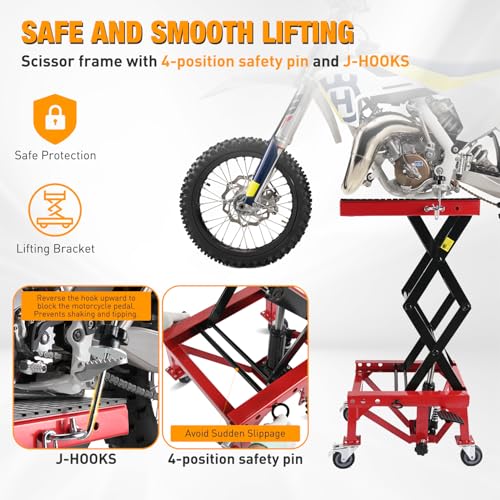 Motorcycle Lift Table Jack 300 LBS Heavy Duty Hydraulic Motorcycle Scissor Jack Lifts Table Foot Pedal with 4 Caster Wheels Wide Deck for Motorbike Dirt Bike ATV Garage Repair Tool (Red Hydraulic Lift Table)