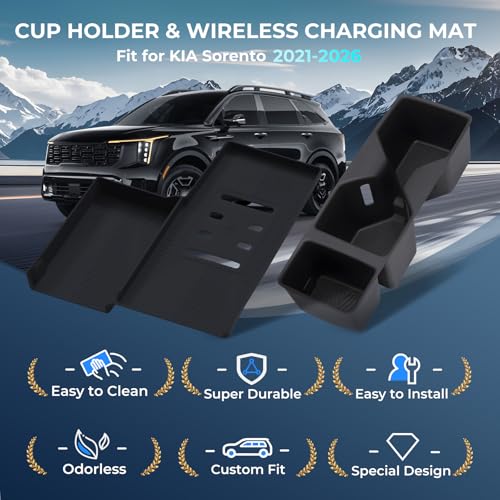 Cup Holder Insert & Wireless Charging Protective Mat for KIA Sorento 2026 2025 2024 2023 2022 2021 (Fits for 2021-2026 Sorento)
