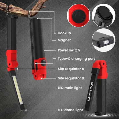Rechargeable Work Light 2200mAh Magnetic LED Work Light Flashlight Mechanic Light Tool for Men Him (350 Lumens + 350 Lumens)