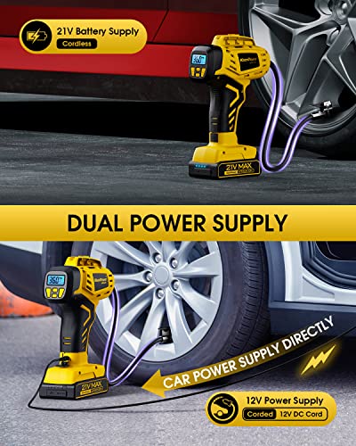 Tire Inflator Portable Air Compressor 21V Battery Powered 160PSI (Yellow)