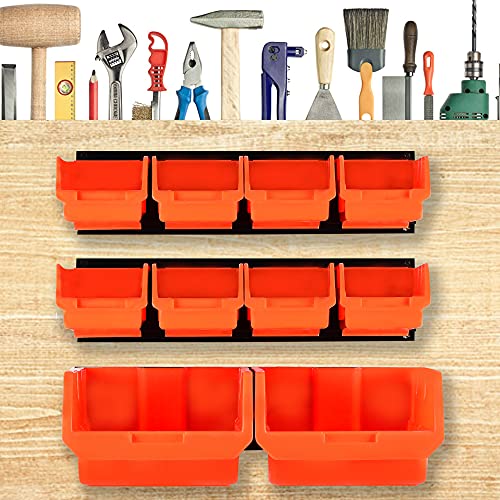 10 Bin Wall Mounted Plastic Storage Bins Hanging Organizer Bins (Orange / 10Bins+3Rails)