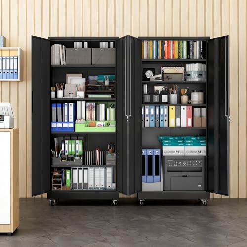 Metal Storage Cabinet for Garage (Black / L - 2 Doors & 5 Shelves (Wheeled))