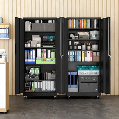 Metal Storage Cabinet for Garage (Black / L - 2 Doors & 5 Shelves (Wheeled))