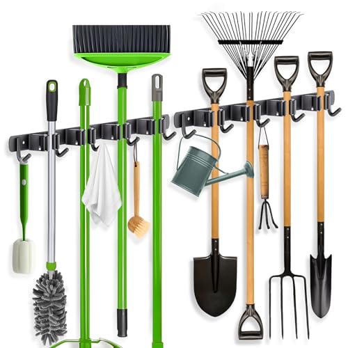 2 Pack Mop Broom Holder Wall Mount 4 Racks 5 Hooks Storage Black (2Pack 4R5H / Black)
