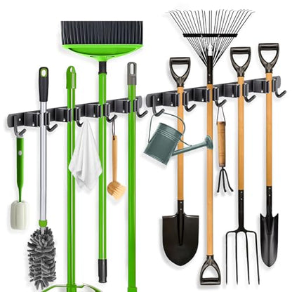 2 Pack Mop Broom Holder Wall Mount 4 Racks 5 Hooks Storage Black (2Pack 4R5H / Black)