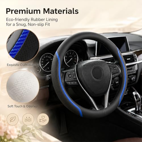 Steering Wheel Cover Blue and Black Leather Universal 14.5 (Medium / Blue)