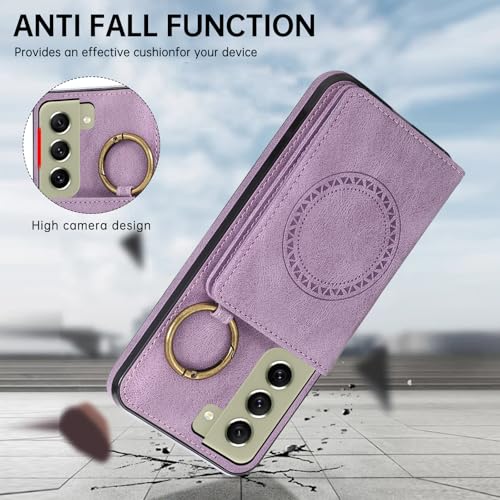 Compatible with Samsung Galaxy S21 FE 5G Wallet Case Screen Protector Crossbody Shoulder Strap Ring Buckle Stand Card Holder Phone Cover for S 21 EF S21FE5G UW S21FE 21S G5 6.4 inch Women Men Purple (Purple / for S21 FE)