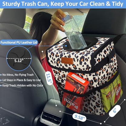 Leak Proof Car Trash Can with Lid Large Leopard Print (Leopard Print / 3 Gallons)