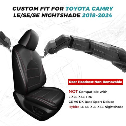 Custom Seat Covers for Toyota Camry 2018 (Black With Red Trim / 2018-2024 Camry LE/SE/SE Nightshade)